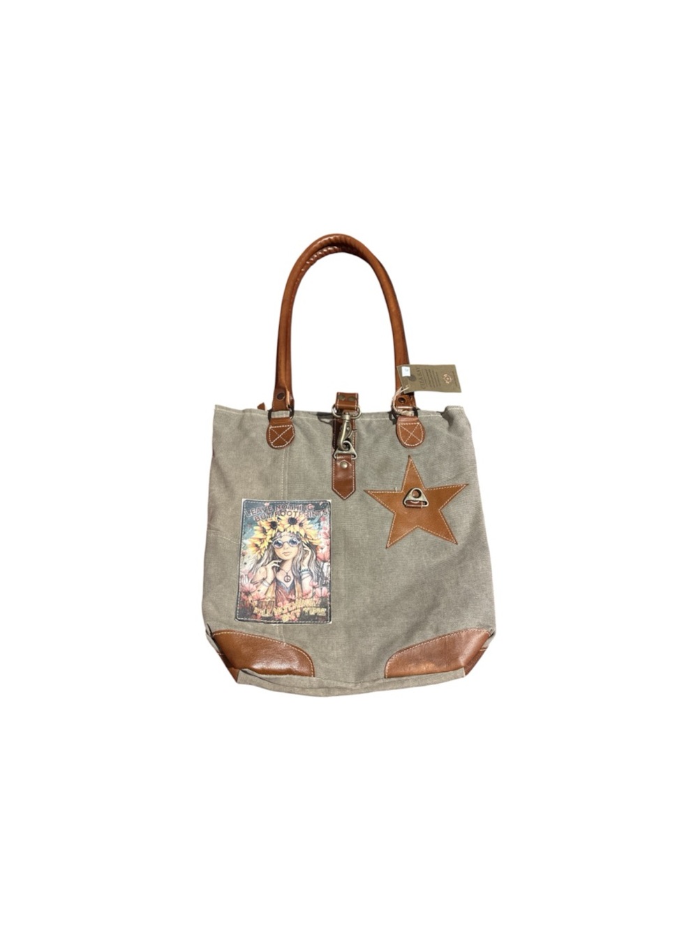 Gray Canvas Tote with Brown Leather Trim and Star Accent